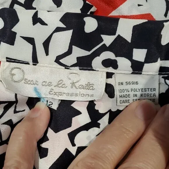 Oscar de la Renta Sz 12 Vintage Black White Red Floral Nerdy Blouse GrannyCore - Picture 7 of 8